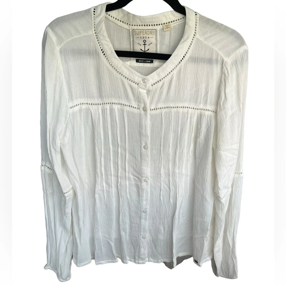 Superdry Women Sheer Button Up V Neck Long Sleeve Blouse Large Off White - Picture 1 of 8